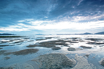 Image showing Sunset in Hong Kong along the coast at dusk 