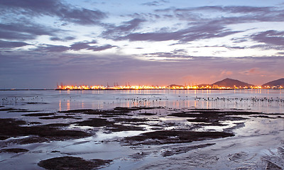 Image showing Sunset in Hong Kong along the coast at dusk 