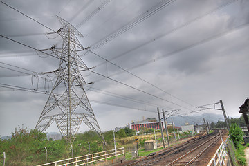 Image showing train track and power tower
