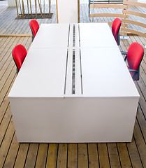 Image showing office desks and red chairs cubicle set 