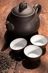 Image showing chinese green tea pot and cups