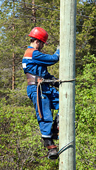 Image showing Electrician on a pole