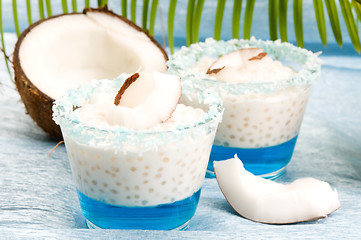 Image showing Coconut pudding with tapioca pearls and litchi jelly