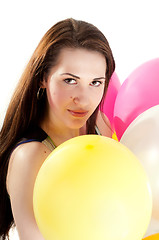 Image showing Beautiful woman with multicolored air balloons