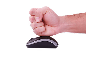 Image showing A male man punching a white mouse, white background