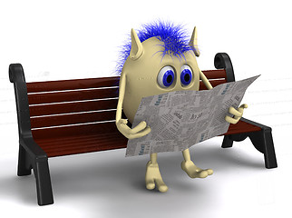 Image showing Haired 3D puppet reading newspaper on bench