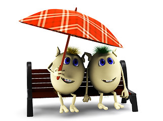 Image showing Look on happy  puppets under  checkered umbrella