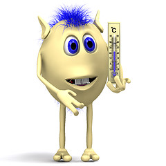 Image showing Haired puppet holding big plastic thermometer