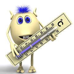 Image showing Haired puppet holding big plastic thermometer