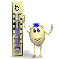 Image showing Haired happy puppet standing near big thermometer