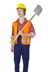 Image showing Young worker with spade