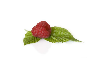 Image showing Ripe raspberry with green leaf