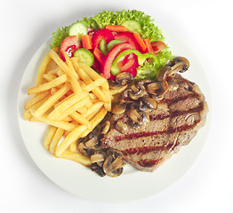 Image showing Steak chips and mushrooms from above