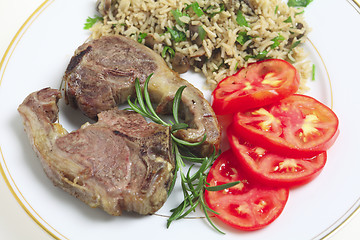 Image showing Lamb chops and rice high angle