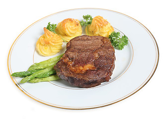 Image showing Ribeye steak and duchesse potatoes