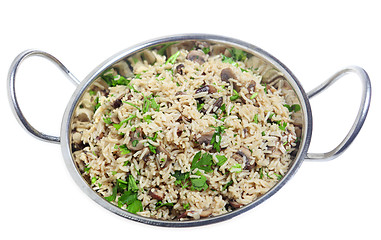 Image showing Mushroom pilau in kadai bowl