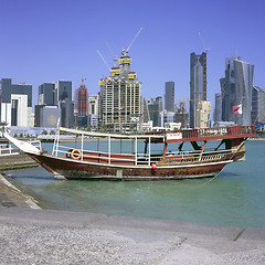 Image showing Moored dhow and Doha skyline