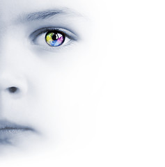 Image showing Child's face, colorful eye and map