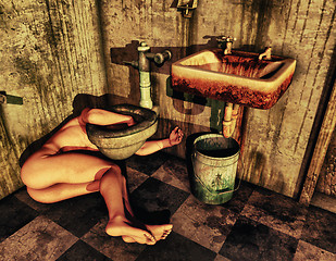 Image showing Naked man lying next to a toilet