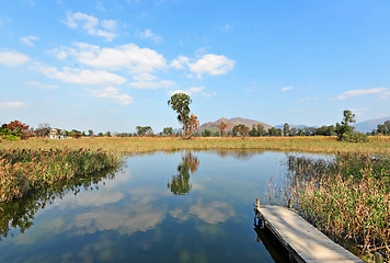 Image showing lake landscape with wooden pier