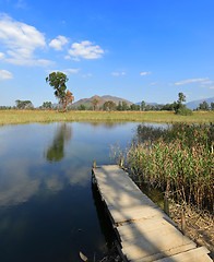 Image showing lake landscape with wooden pier