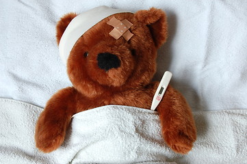 Image showing sick teddy with injury in bed