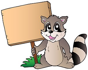 Image showing Cartoon racoon holding wooden board