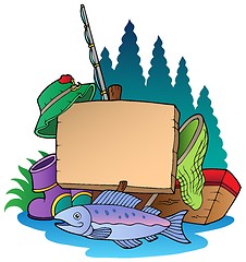 Image showing Wooden board with fishing equipment