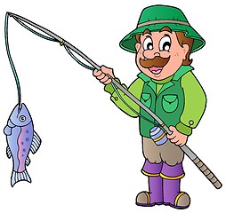 Image showing Cartoon fisherman with rod and fish