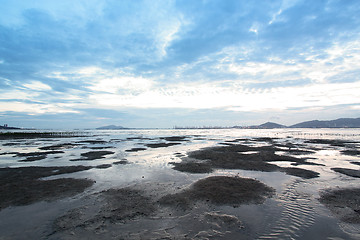 Image showing Sunset in Hong Kong along the coast at dusk 