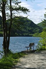 Image showing Empty bench on the lake