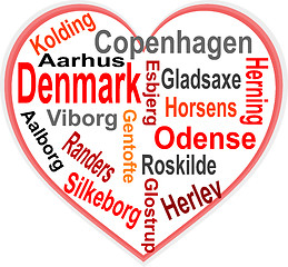 Image showing denmark Heart and words cloud with larger cities