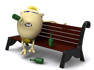 Image showing Haired drunkard puppet sitting on park bench