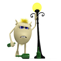 Image showing Haired drunkard puppet standing near metal latern