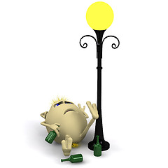 Image showing Haired drunkard puppet sleep near metal latern