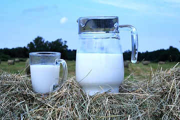 Image showing Foto of milk and glass on haystack