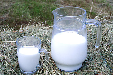 Image showing Foto of milk and glass on haystack