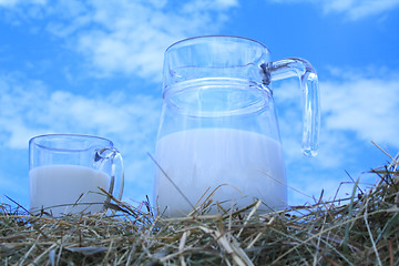 Image showing Zoomed foto of milk container and glass