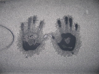 Image showing Hands on frozen window