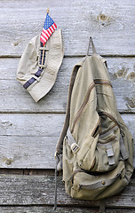 Image showing Khaki Hat, Backpack and US Flag