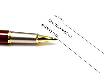 Image showing Pen isolated on a blank signature paper 