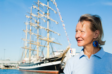 Image showing The woman on a background of a sailing vessel