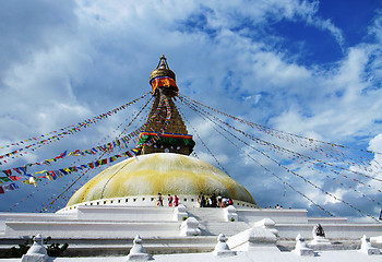 Image showing Boudhanath Stupa and prayer flags in Kathmandu, Nepal