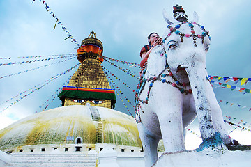 Image showing Boudhanath Stupa and prayer flags in Kathmandu, Nepal