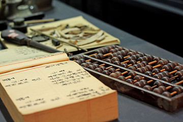 Image showing abacus and book on the table in a chinese old shop 