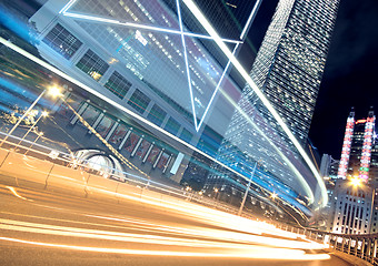 Image showing Night Light trace modern architecture background in hongkong, Ch