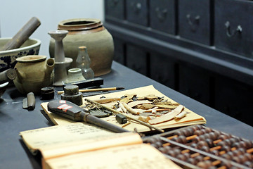 Image showing abacus and book on the table in a chinese old shop 