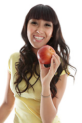 Image showing Happy female eating healthy apple