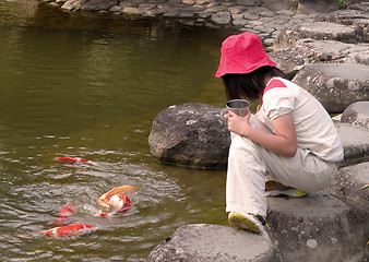 Image showing Kid feeding colorful carps