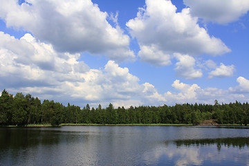 Image showing Clouds and blue sky over rural lake in Finland